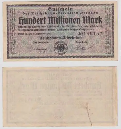 100 Millionen Mark Banknote Dresden Reichsbahndirektion 25.09.1923 (142827)