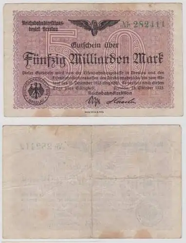 50 Milliarden Mark Banknote Breslau Reichsbahndirektion 25.10.1923 (146481)