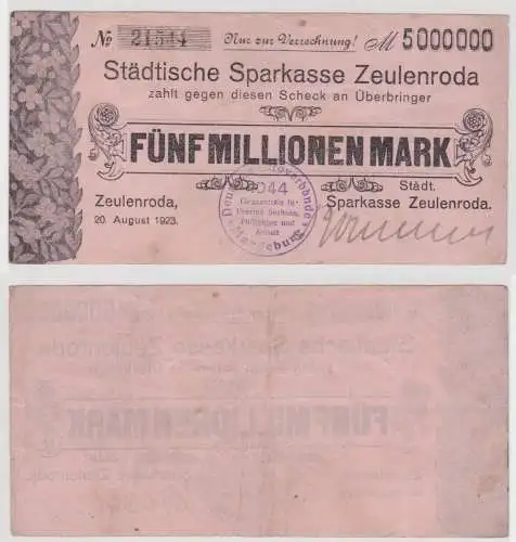 5 Millionen Mark Banknote städtische Sparkasse Zeulenroda 20.08.1923 (144212)