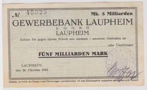 5 Milliarden Mark Banknote Inflation Gewerbebank Laupheim 26.10.1923 (147429)