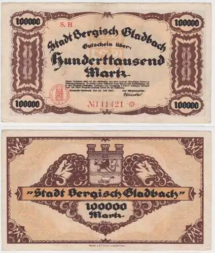 100000 Mark Banknote Stadt bergisch Gladbach 20.7.1923 (143973)