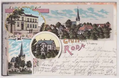 40383 Ak Lithographie Gruß aus Roda bei Frohburg Schule, Kirche usw. 1902