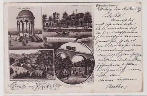 99988 AK Gruss vom Neroberg Wiesbaden - Zahnrad-Bahn, Restauration 1897