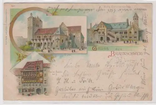 99872 AK Gruss aus Braunschweig - Haus Sack No. 5, Burg Dankwarderode, Dom 1900