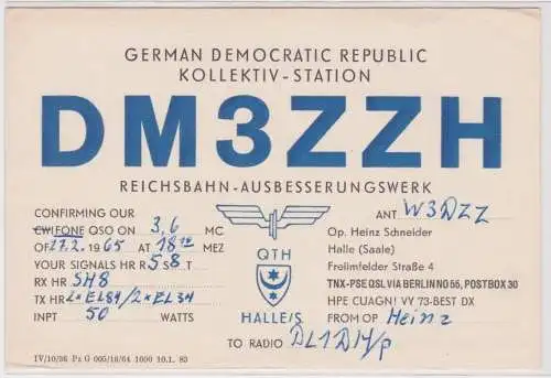 99265 QSL Karte Funker Funkamateur DDR Halle Reichsbahn Ausbesserungswerk 1965
