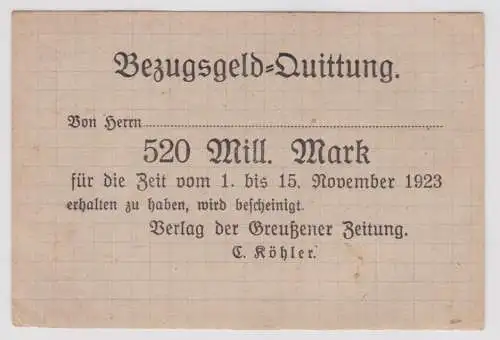 520 Millionen Mark Bezugsgeld Quittung Verlag d. Greußener Zeitung 1923 (156518)