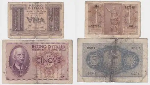 1 und 5 Lire Banknoten Italien 1940 Pick 26 und 28 (156487)