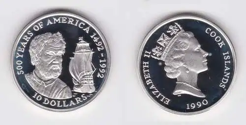 10 Dollar Silbermünze Cook Inseln 1990 500 Jahre Amerika Schiff Kolumbus(157049)