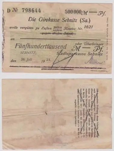 500000 Mark Banknote Inflation Girokasse Sebnitz 26.Juli 1923 (138602)