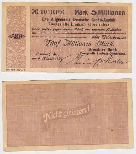 5 Millionen Mark Banknote allg. dt. Credit Anstalt Limbach 6.8.1923 (130673)