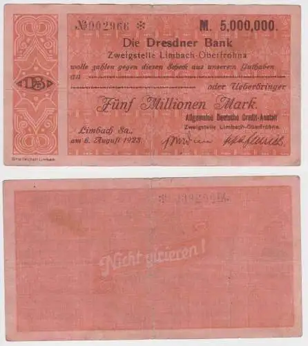 5 Millionen Mark Banknote Dresdner Bank Limbach 6.8.1923 (137608)