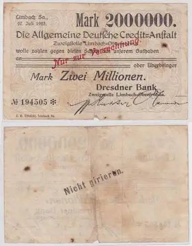 2 Millionen Mark Banknote allg. dt. Credit Anstalt Limbach 27.7.1923 (129458)
