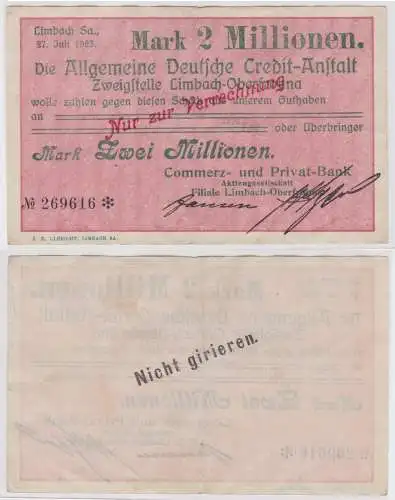 2 Millionen Mark Banknote allg. dt. Credit Anstalt Limbach 27.7.1923 (123715)