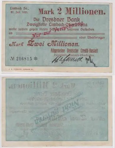 2 Millionen Mark Banknote Dresdner Bank Limbach 27.7.1923 (121517)