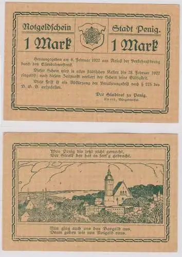 seltene Banknote Notgeld 1 Mark Stadt Penig 6.2.1922 (131774)