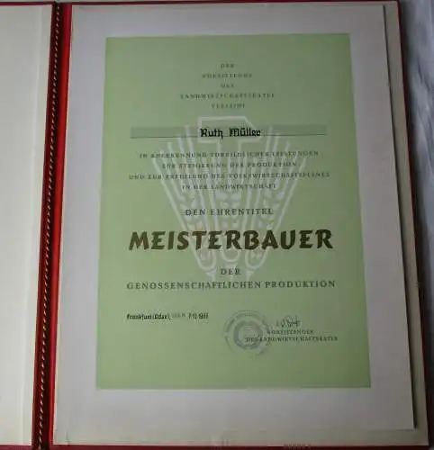 DDR Urkunde Ehrentitel Meisterbauer 1967 Frankfurt (Oder) Bartel 62 d (113372)