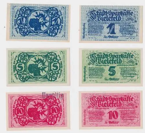 1, 5 und 10 Goldpfennig Banknoten Notgeld Stadt Bielefeld 8.11.1923 (127401)