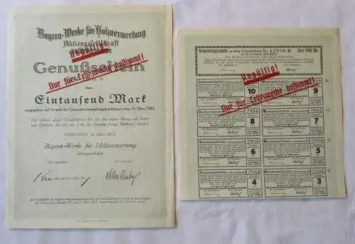 1000 Mark Genußschein Bayern-Werke für Holzverwertung AG München 1923 (144340)