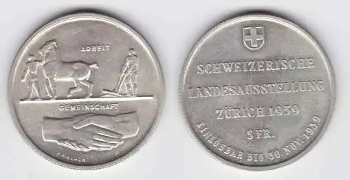 5 Franken Silber Münze Schweiz Landesausstellung 1939 B Stgl. (143462)