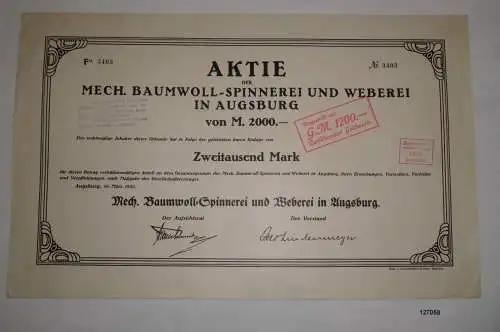 2000 Mark Aktie Mech. Baumwoll-Spinnerei & Weberei Augsburg 16.3.1920 (127058)