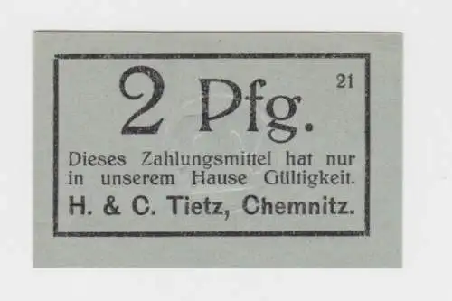 2 Pfennig Banknote Chemnitz Kaufhaus H. & C.Tietz um 1920 (138397)
