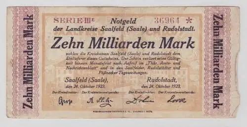 10 Milliarden Mark Banknote Inflation Saalfeld Rudolstadt 24.10.1923 (137657)
