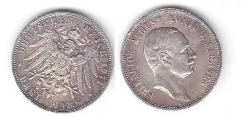3 Mark Silbermünze Sachsen König Friedrich August 1911 Jäger 135 (111972)