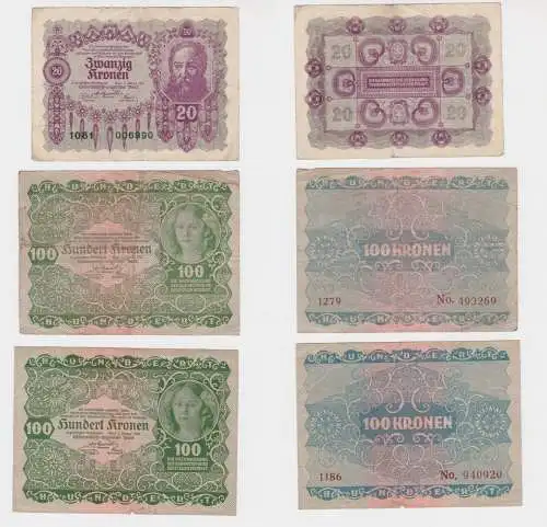 20 und 2 x 100 Kronen Banknoten Österreichisch Ungarische Bank 1922 (138440)