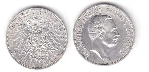 3 Mark Silbermünze Sachsen König Friedrich August 1912 Jäger 135 (111563)