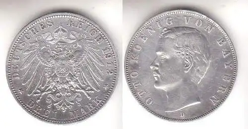 3 Mark Silbermünze Bayern König Otto 1912 Jäger 47  (111543)