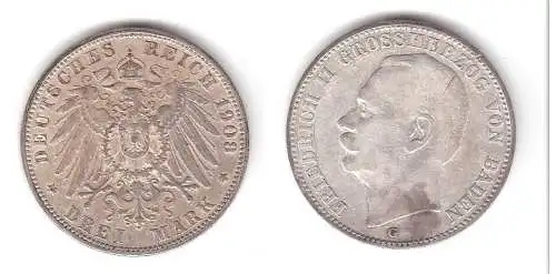 3 Mark Silbermünze Baden Großherzog Friedrich II 1908 Jäger 39  (111535)