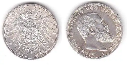 3 Mark Silbermünze Württemberg König Wilhelm II 1914 Jäger 175 (111981)