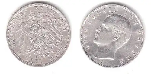 3 Mark Silbermünze Bayern König Otto 1911 Jäger 47  (111413)