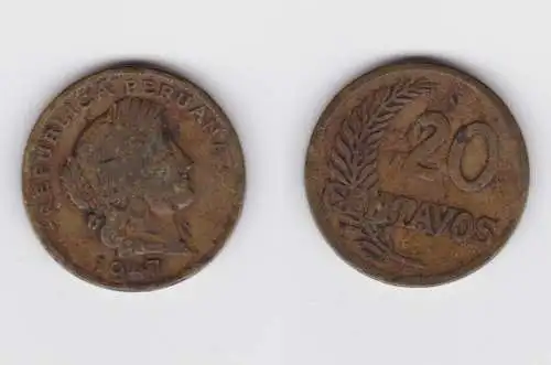 20 Centavos Messing Münze Peru 1947 (144791)