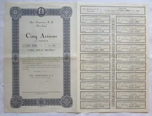5.000 Francs Aktie Aux Armourins S.A. Neuchatel 1921 (137438)
