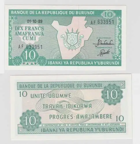 10 Francs Banknote Burundi 01.10.1989 kassenfrisch UNC (138798)