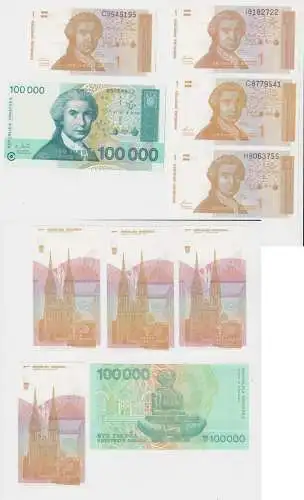 5 Banknoten Kroatien 4 x 1 und 100000 Dinar 1991-1993 (138199)