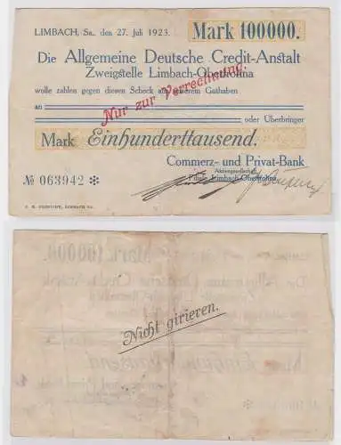 100000 Mark Banknote allg. dt. Credit Anstalt Limbach 27.7.1923 (121729)