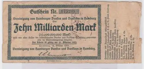 10 Milliarden Mark Banknote Vereinigung von Hamburger Banken 25.10.1923 (121606)