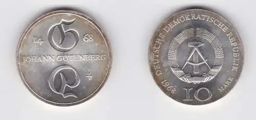 DDR Gedenk Silber Münze 10 Mark Johann Gutenberg 1968 Stempelglanz (136598)