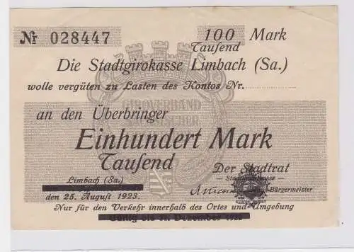 100000 Mark Banknote Stadtgirokasse Limbach 25.8.1923 (121825)