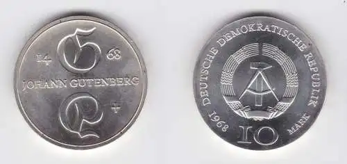 DDR Gedenk Silber Münze 10 Mark Johann Gutenberg 1968 Stempelglanz (136938)