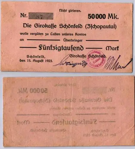 50000 Mark Banknote Girokasse Schönfeld 15.08.1923 (101102)