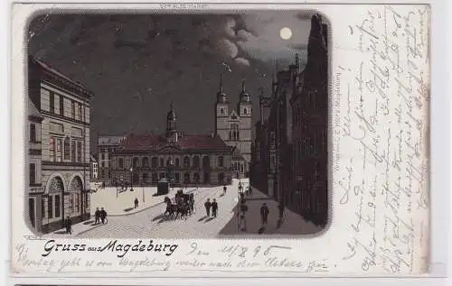 88159 Mondschein Ak Lithographie Gruss aus Magdeburg der alte Markt 1898