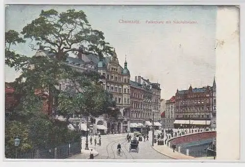 82907 Ak Chemnitz - Falkeplatz mit Nikolaibrücke 1907