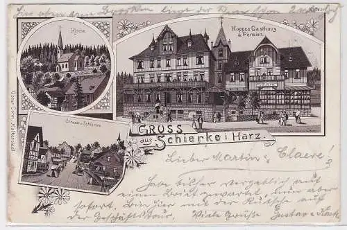13398 Ak Gruß aus Schierke i. Harz, Hoppes Gasthaus & Pension, Kirche, um 1899