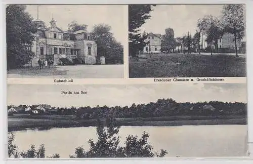 36148 Ak Gruß aus Neuhof, Gutsschloß, Partie am See, Straßenansicht, um 1930