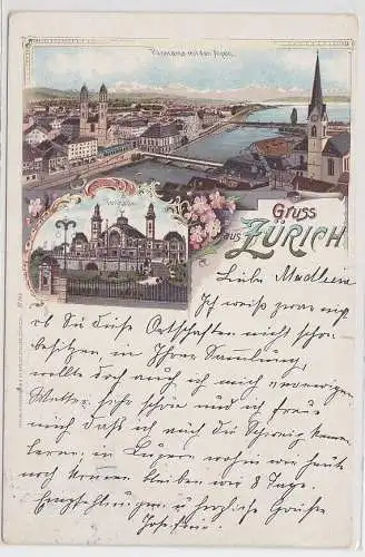 84933 Lithographie Ak Gruss aus Zürich - Tonhalle, Panorama mit den Alpen 1898