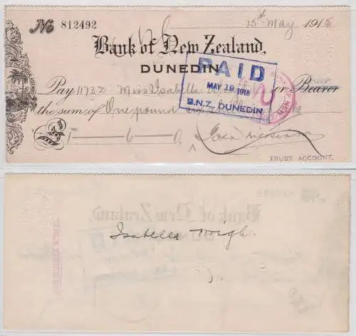 Scheck über 1,6 Pfund Banknote Neuseeland 19.Mai 1915 (154164)