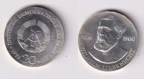 DDR Gedenk Münze 20 Mark Wilhelm Liebknecht 1976 Silber Stgl. (167522)